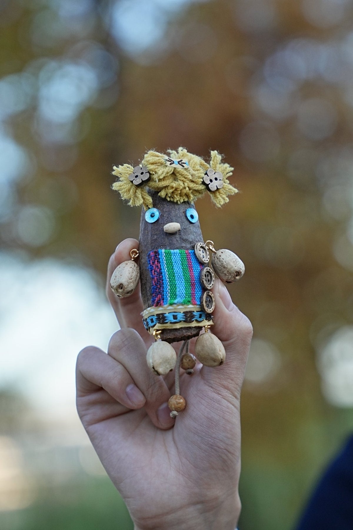 "The Forest Scarecrow" - Handcrafted Natural Nut Doll with Folk Art Textile