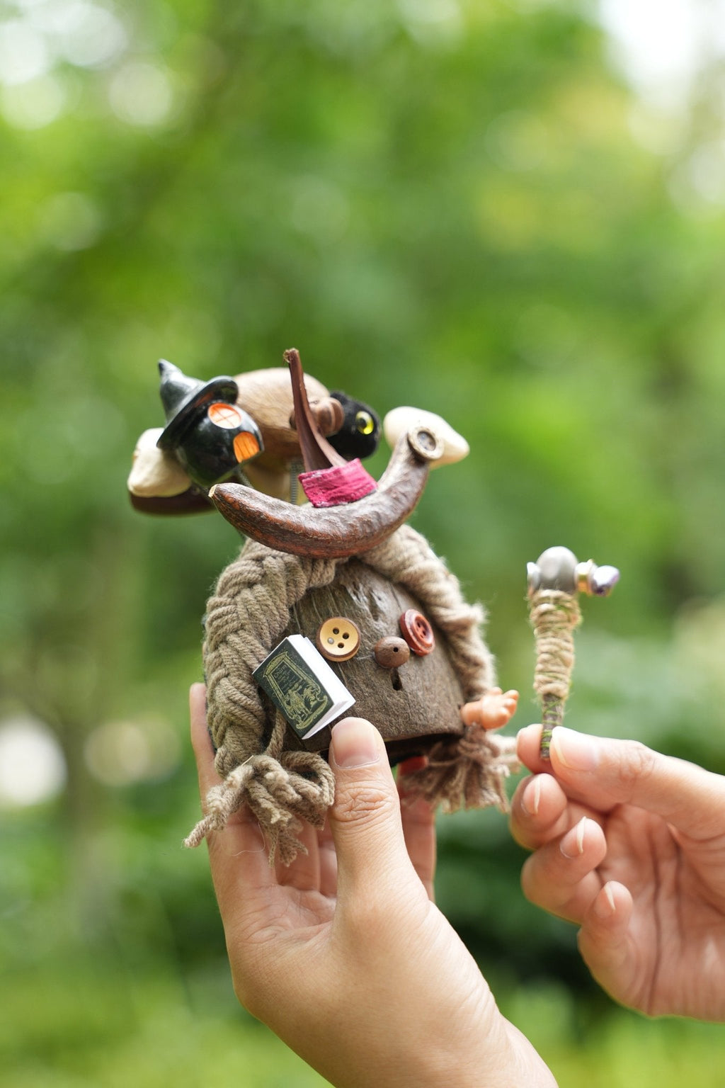 "The Forest Wizard" - Nut Shell Mage Doll with Spellbook & Crystal Staff