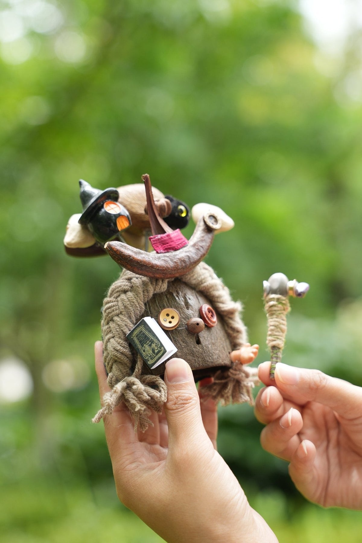 "The Forest Wizard" - Nut Shell Mage Doll with Spellbook & Crystal Staff