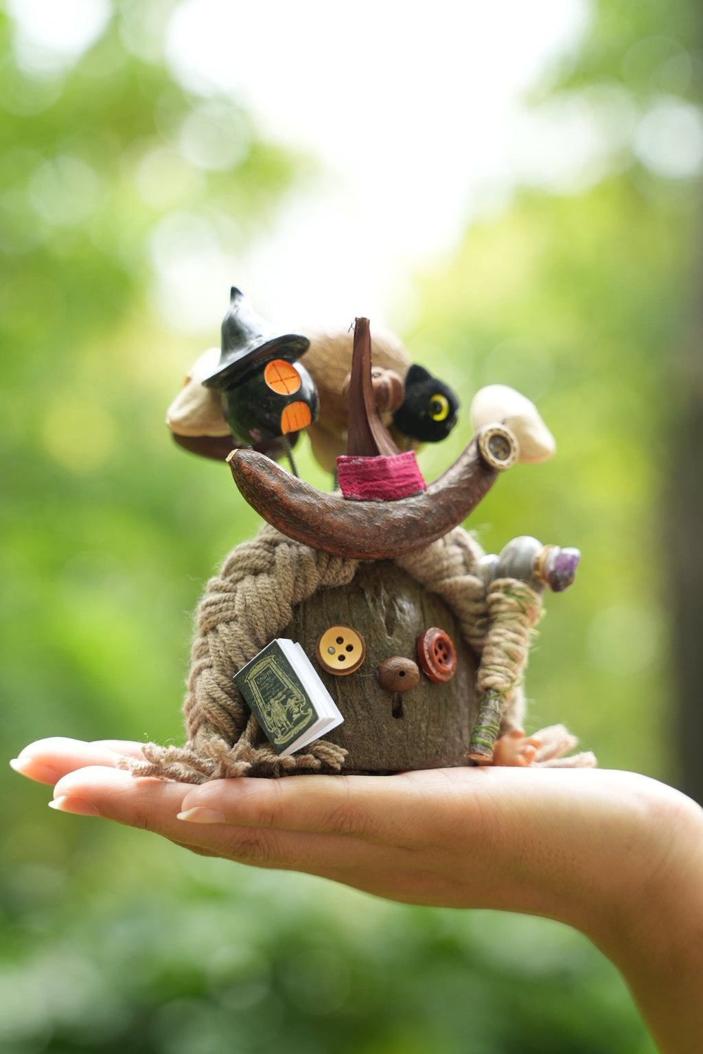 "The Forest Wizard" - Nut Shell Mage Doll with Spellbook & Crystal Staff