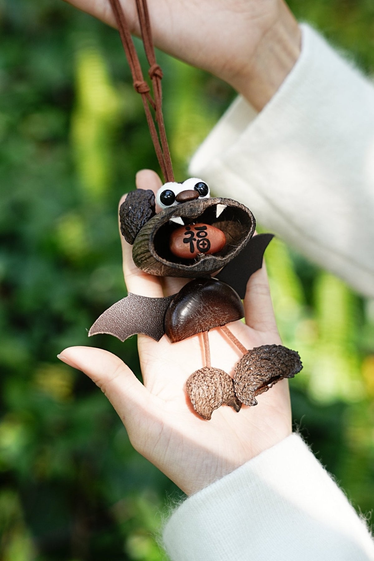 "The Fortune Bat" - Handcrafted Nut Shell Car Charm with 'Fu' (Good Luck) Seed