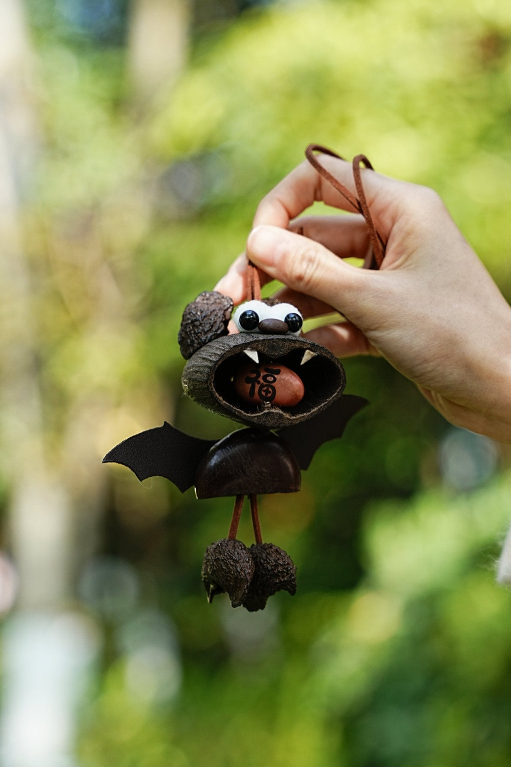 "The Fortune Bat" - Handcrafted Nut Shell Car Charm with 'Fu' (Good Luck) Seed