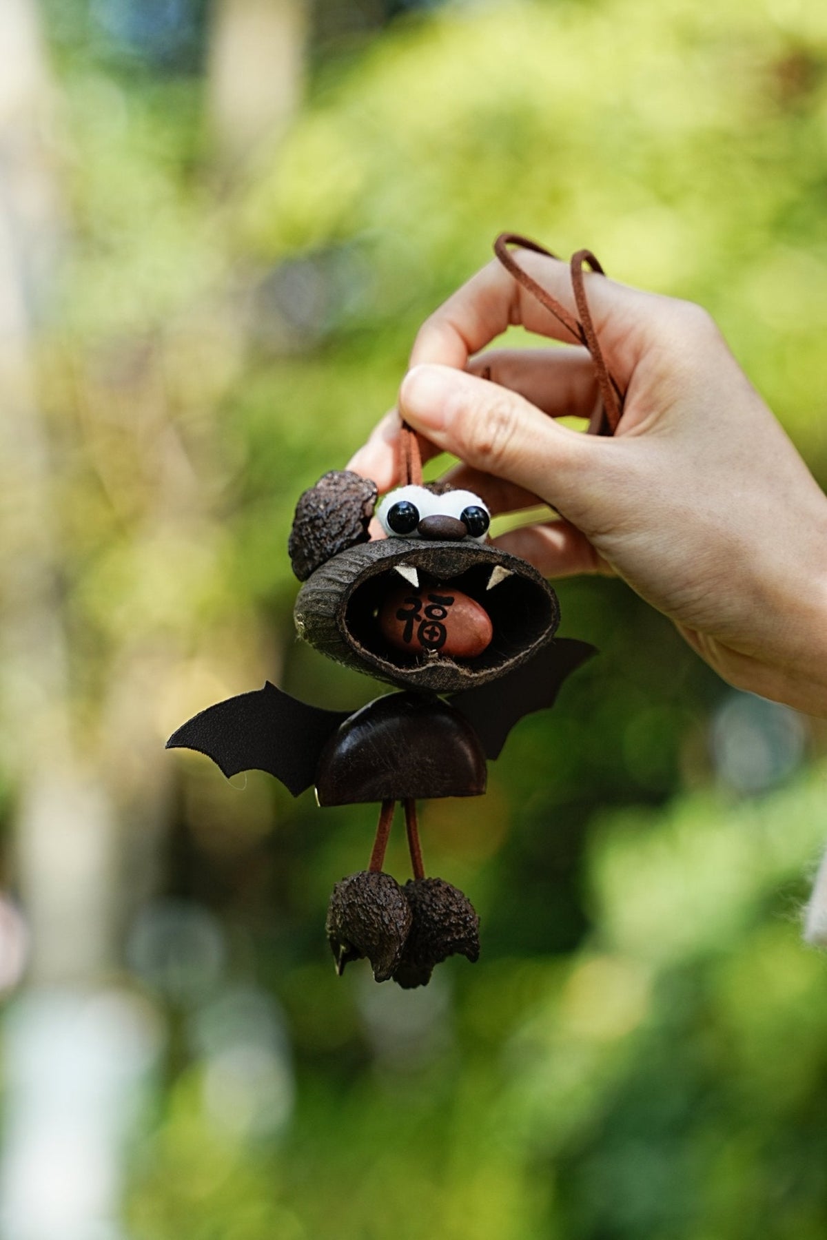 "The Fortune Bat" - Handcrafted Nut Shell Car Charm with 'Fu' (Good Luck) Seed