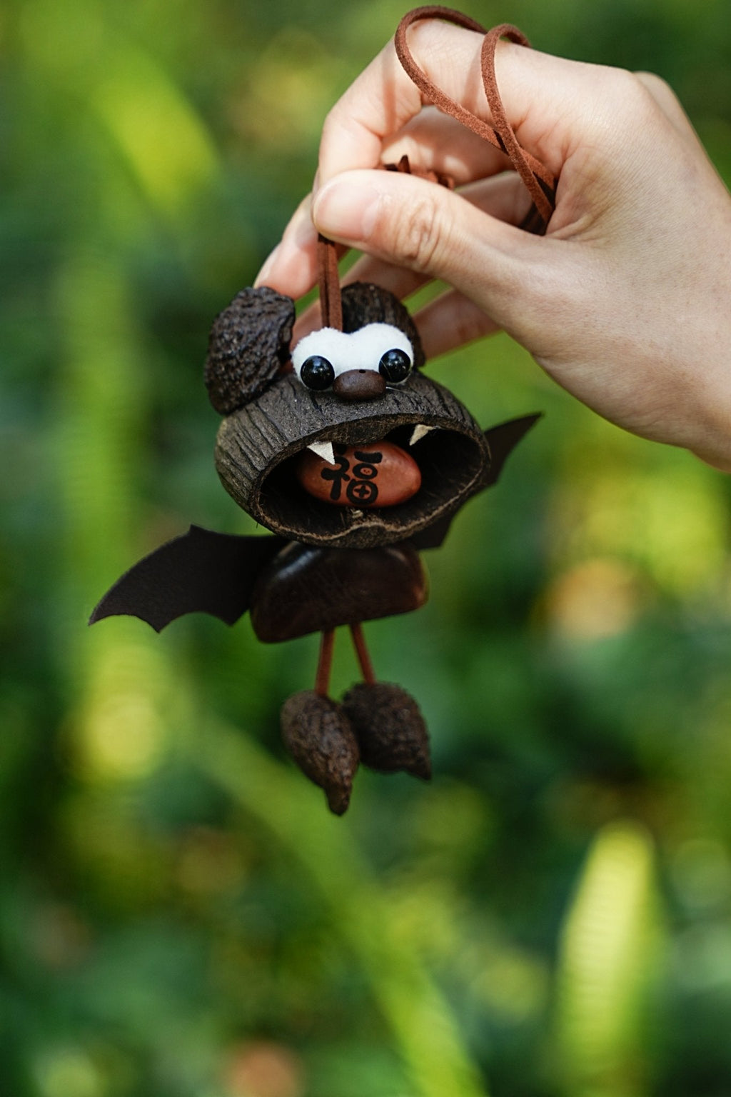 "The Fortune Bat" - Handcrafted Nut Shell Car Charm with 'Fu' (Good Luck) Seed