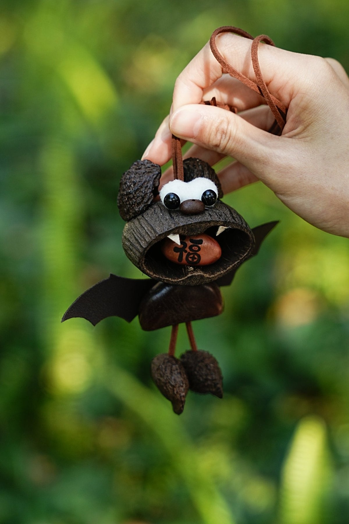 "The Fortune Bat" - Handcrafted Nut Shell Car Charm with 'Fu' (Good Luck) Seed