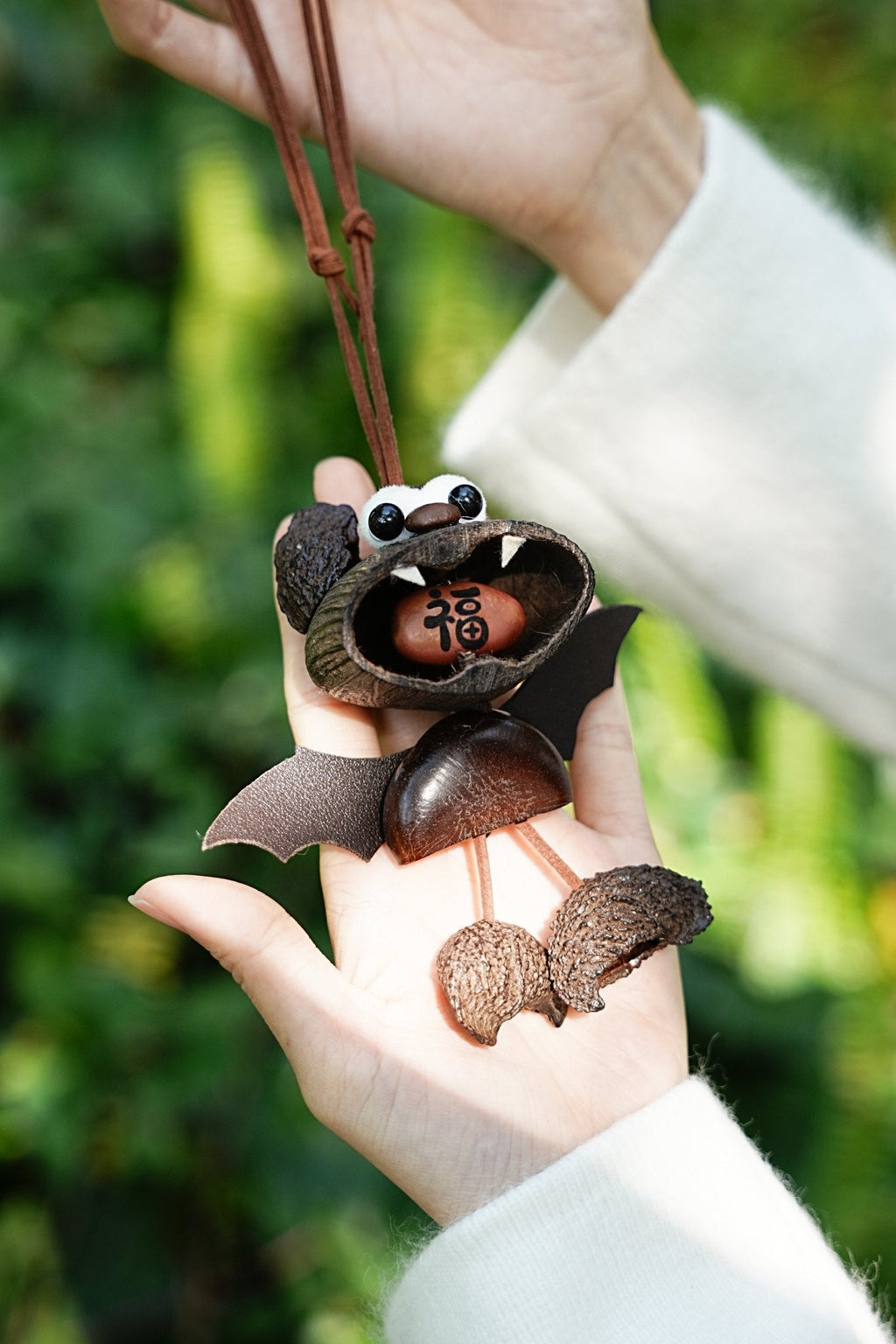 "The Fortune Bat" - Handcrafted Nut Shell Car Charm with 'Fu' (Good Luck) Seed