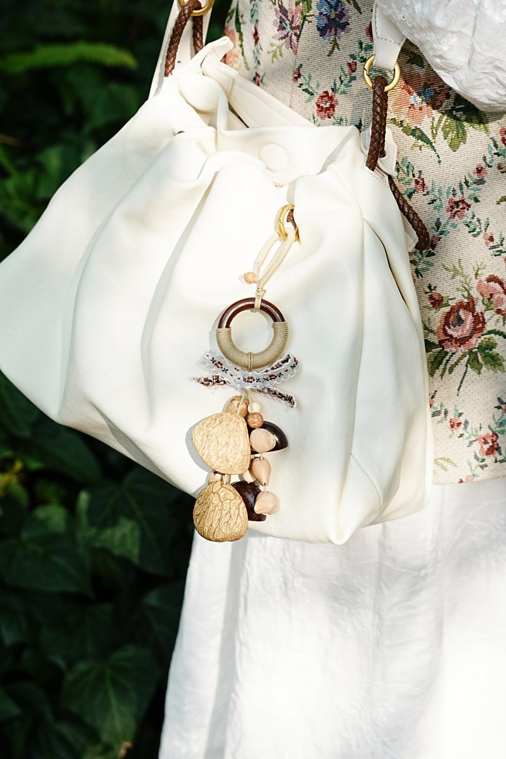 "The Garden Whisper" - Floral Ribbon & Wood Ring Natural Seed Charm