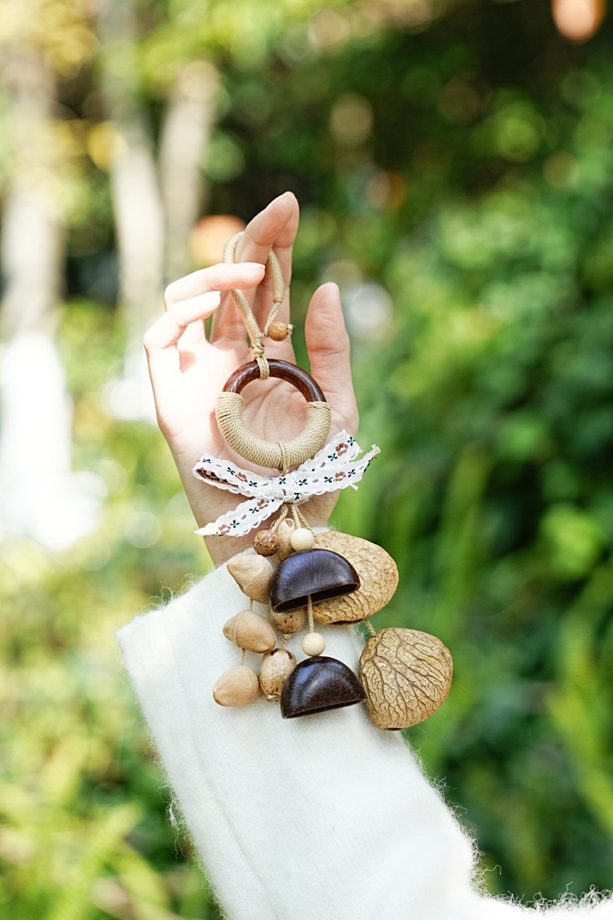 "The Garden Whisper" - Floral Ribbon & Wood Ring Natural Seed Charm