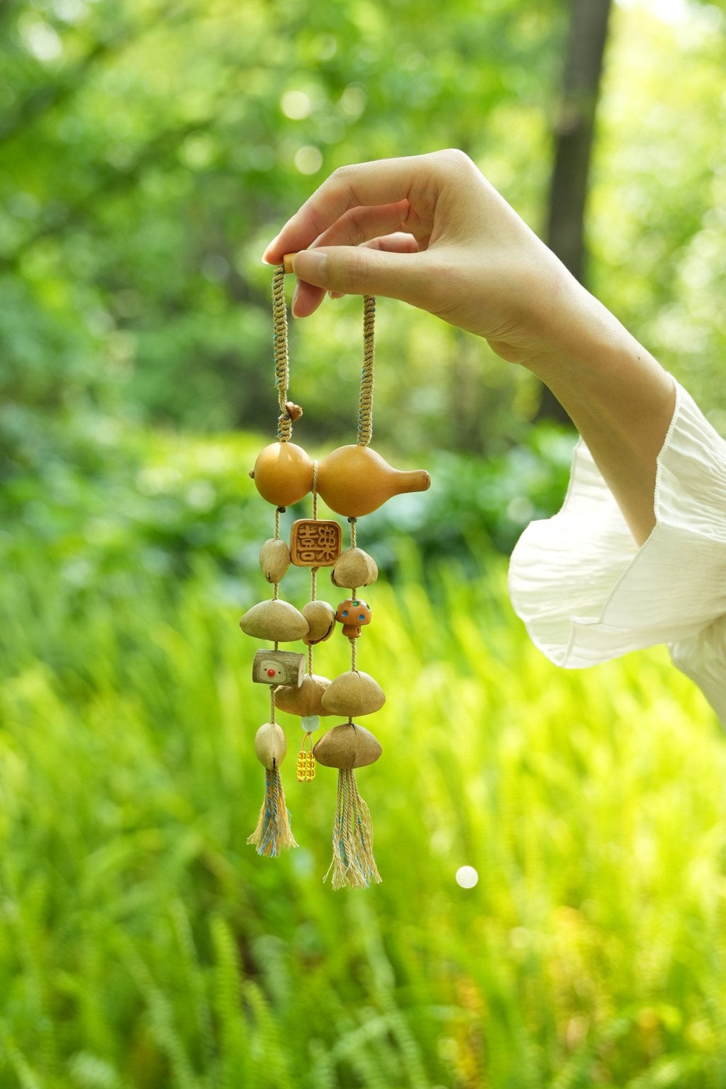 "The Gourd of Joy" - Double Gourd Car Charm with 'Happiness' Wood Tag