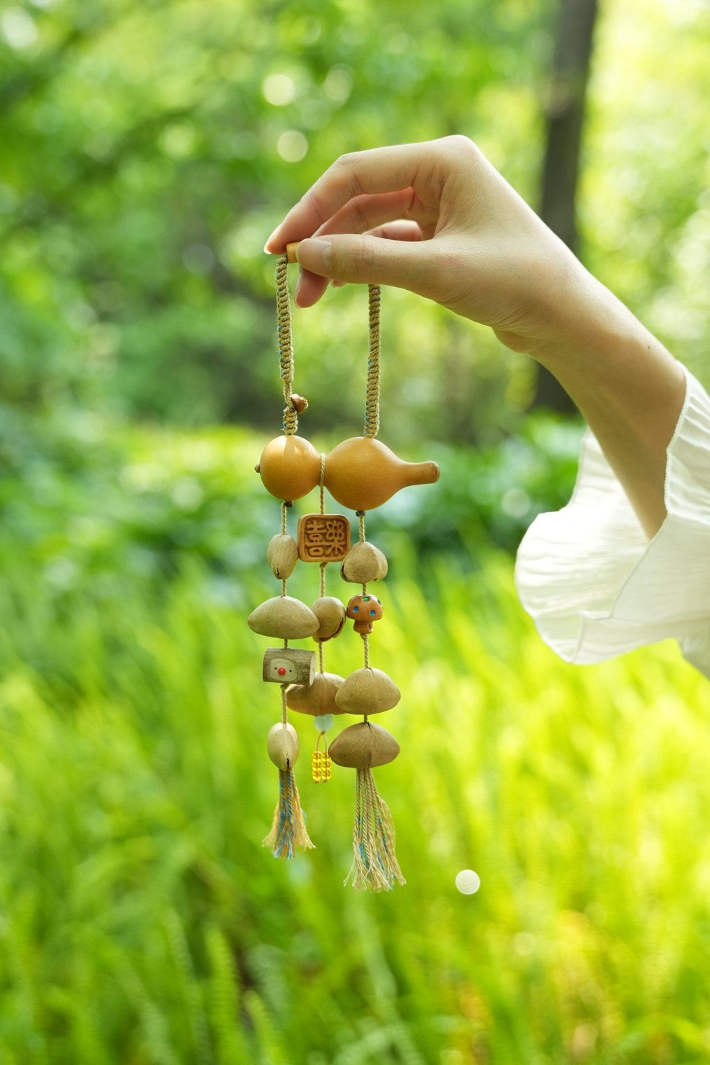 "The Gourd of Joy" - Double Gourd Car Charm with 'Happiness' Wood Tag