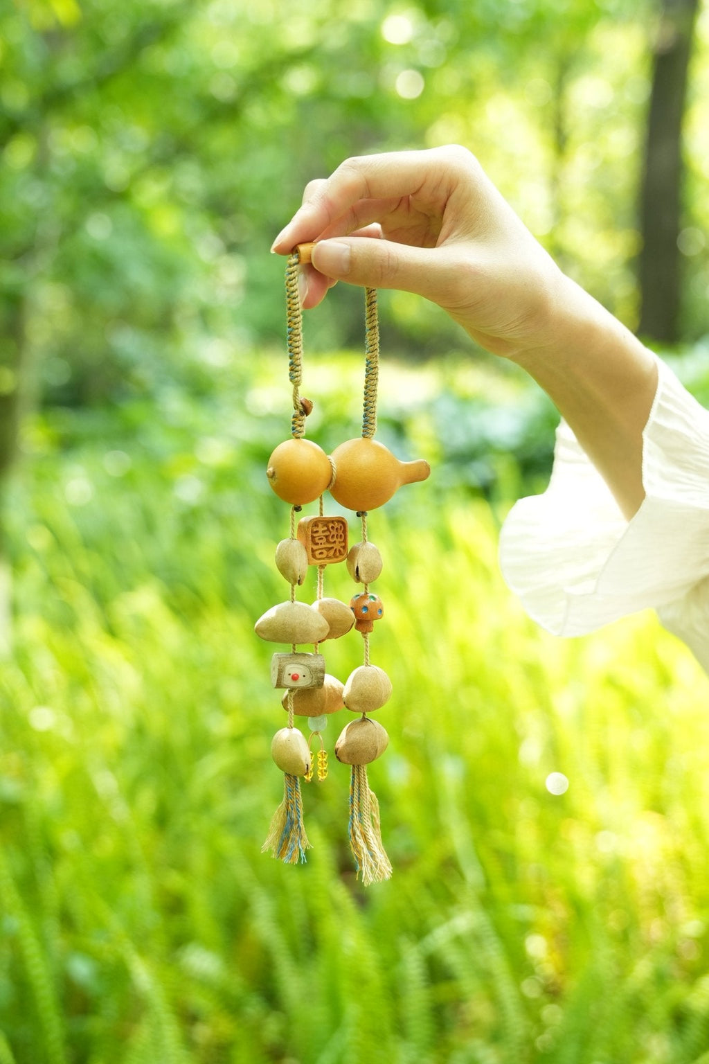 "The Gourd of Joy" - Double Gourd Car Charm with 'Happiness' Wood Tag