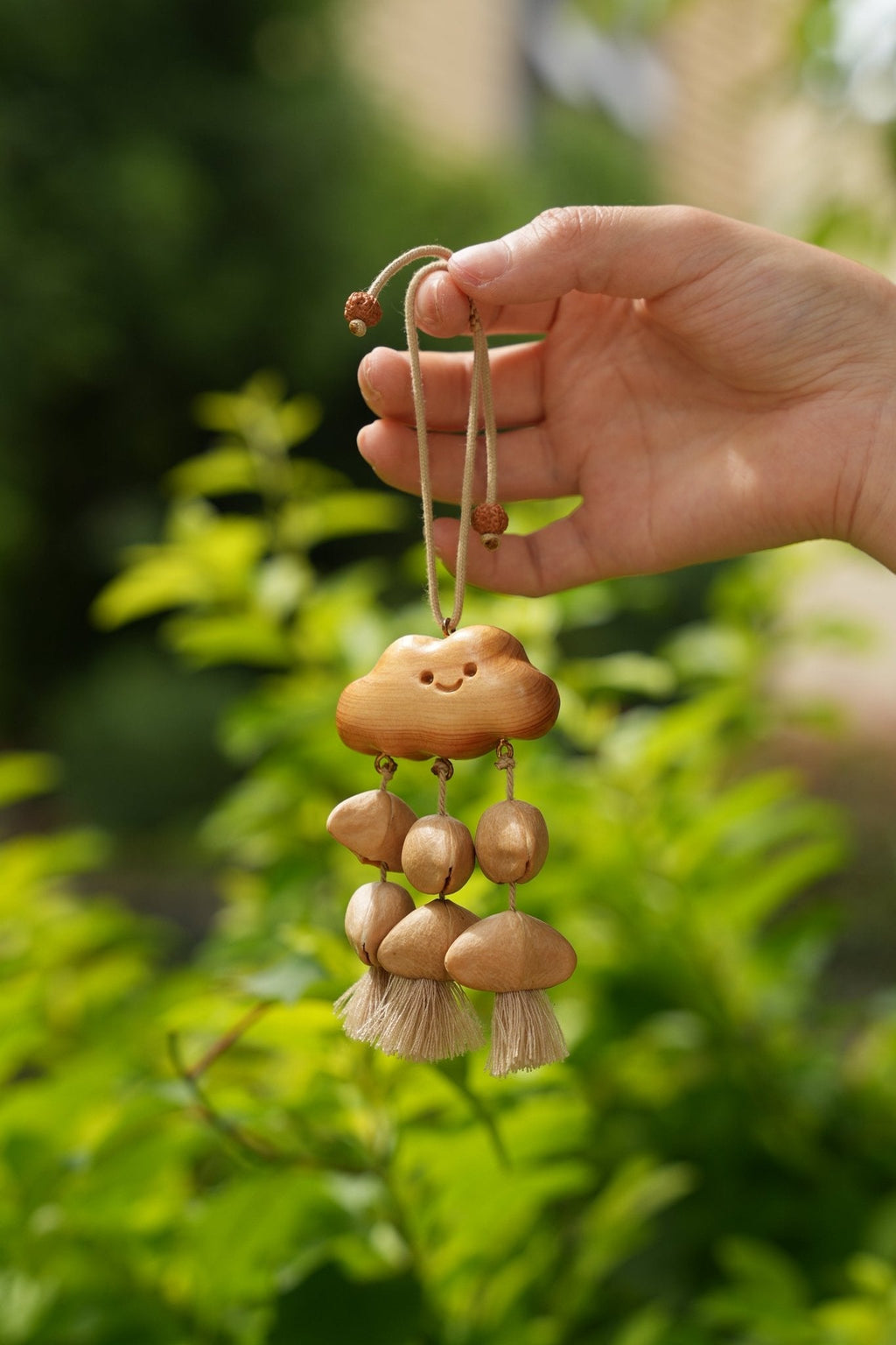 "The Happy Cloud" - Handcrafted Carved Wooden Smile & Natural Seed Rain Mobile