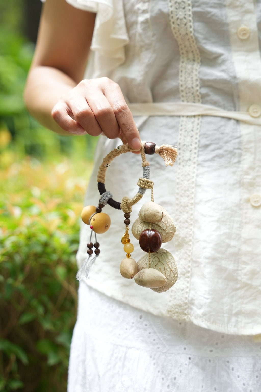 "The Harvest Circle" - Woven Ring Charm with Golden Gourds & Natural Pods
