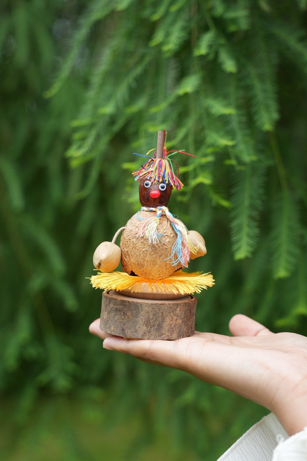 "The Hula Dancer" - Handcrafted Coconut Shell Spinning Top Toy with Log Base
