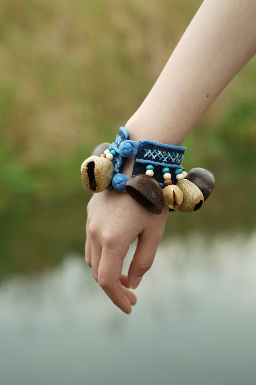 "The Indigo Beat" - Ethnic Embroidered Wrist Rattle with Natural Seed Bells