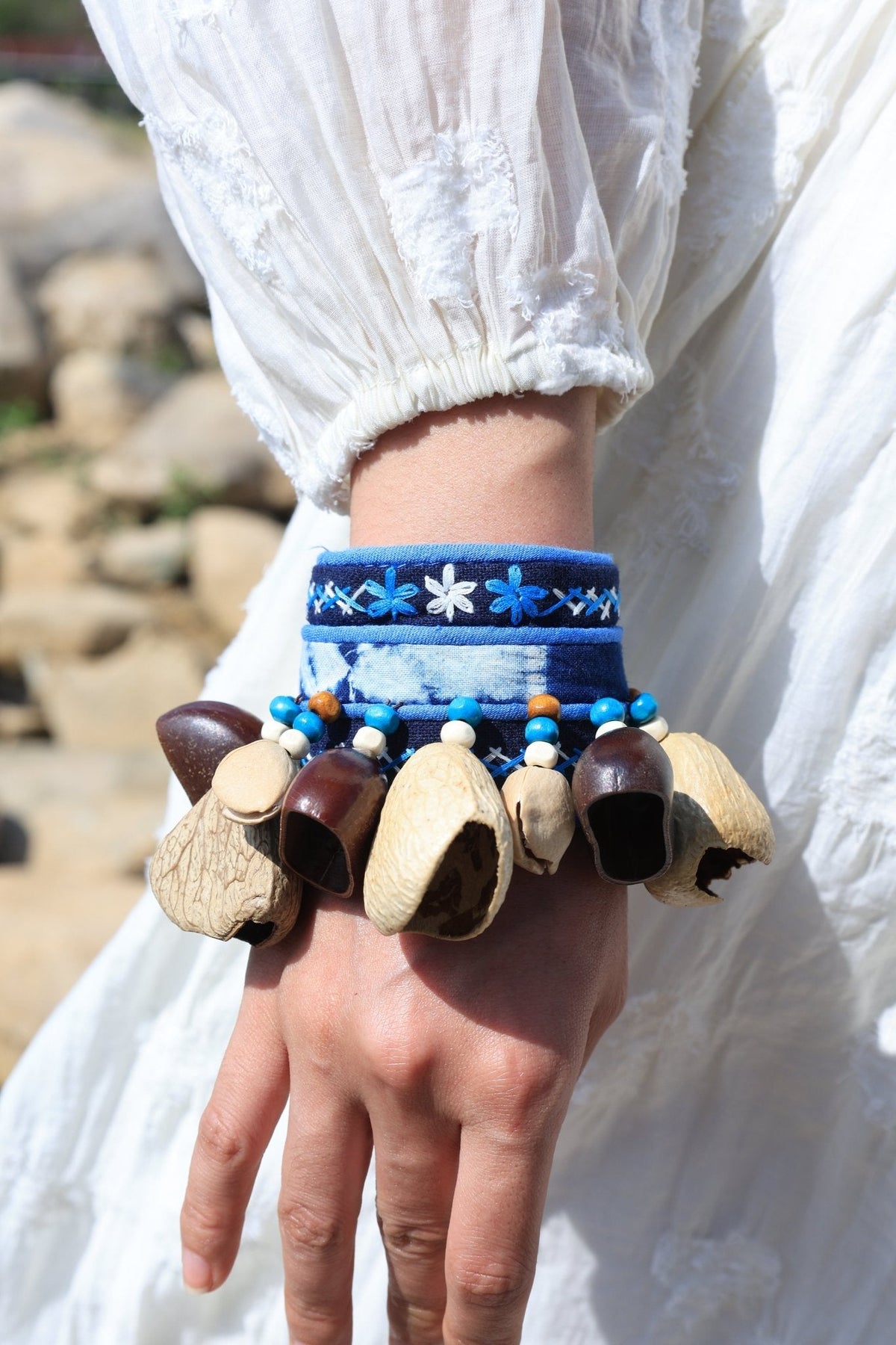 "The Indigo Beat" - Ethnic Embroidered Wrist Rattle with Natural Seed Bells