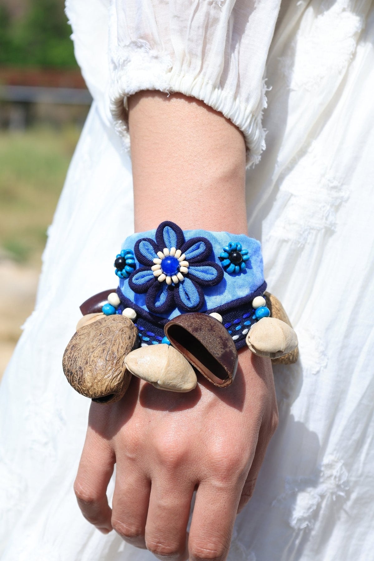 "The Indigo Flower Rattle" - Handcrafted Wearable Wrist Percussion with Seed Pods