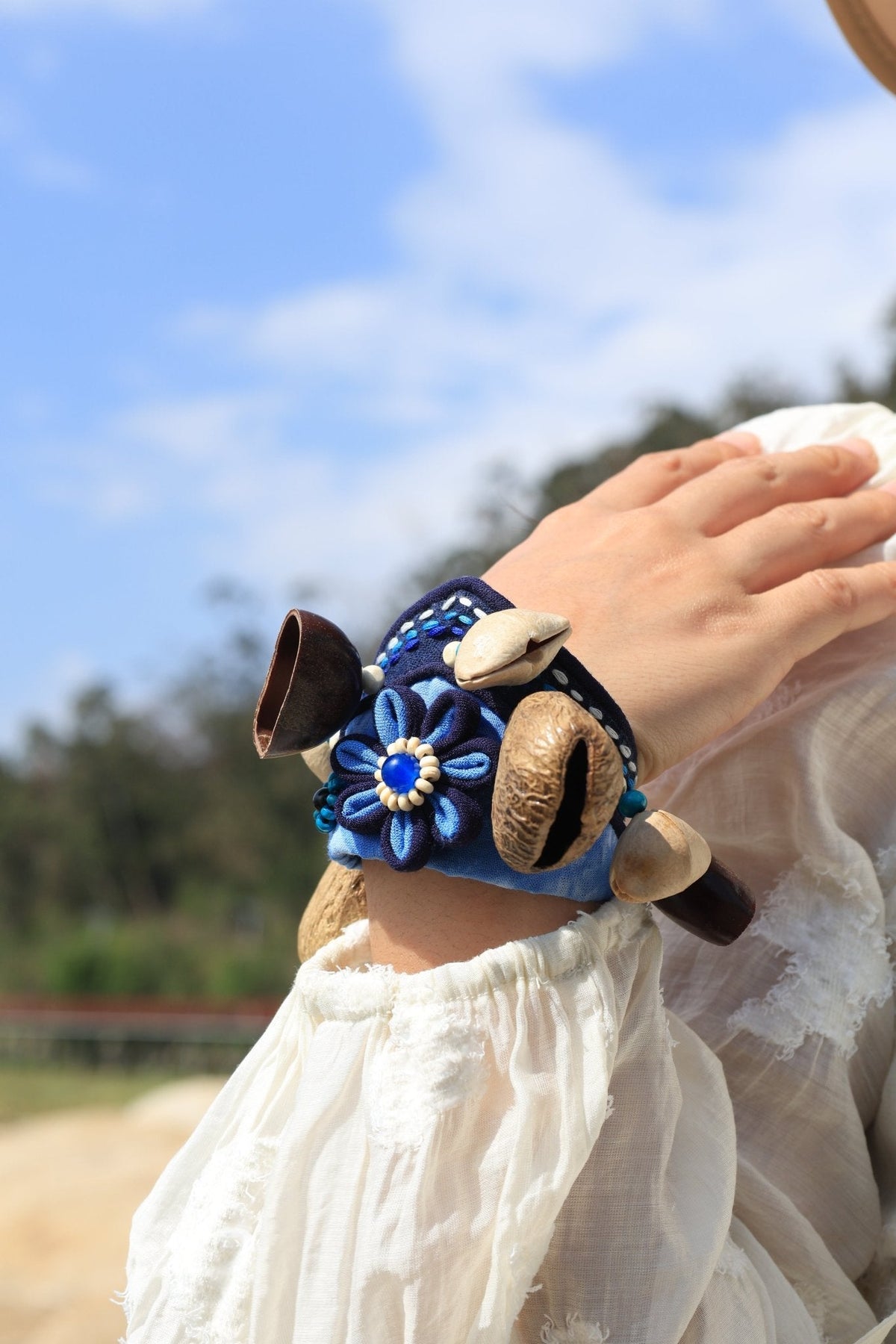 "The Indigo Flower Rattle" - Handcrafted Wearable Wrist Percussion with Seed Pods
