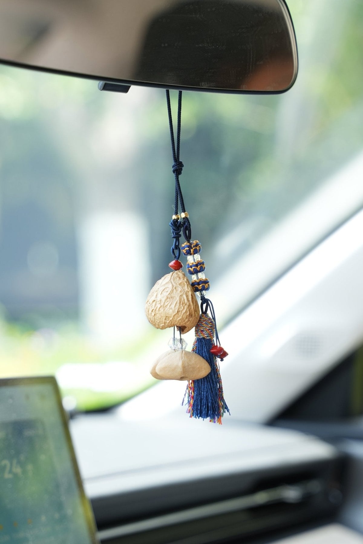 "The Indigo Guardian" - Royal Blue Tassel & Natural Nut Shell Car Charm