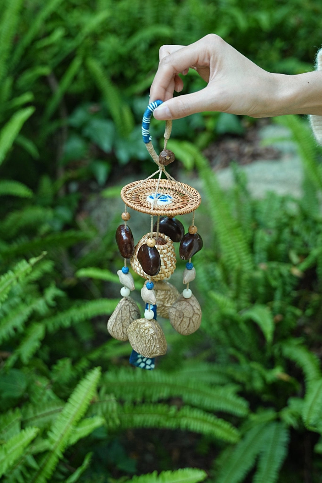 "The Indigo Harvest" - Rattan Basket & Shibori Fabric Seed Wind Chime