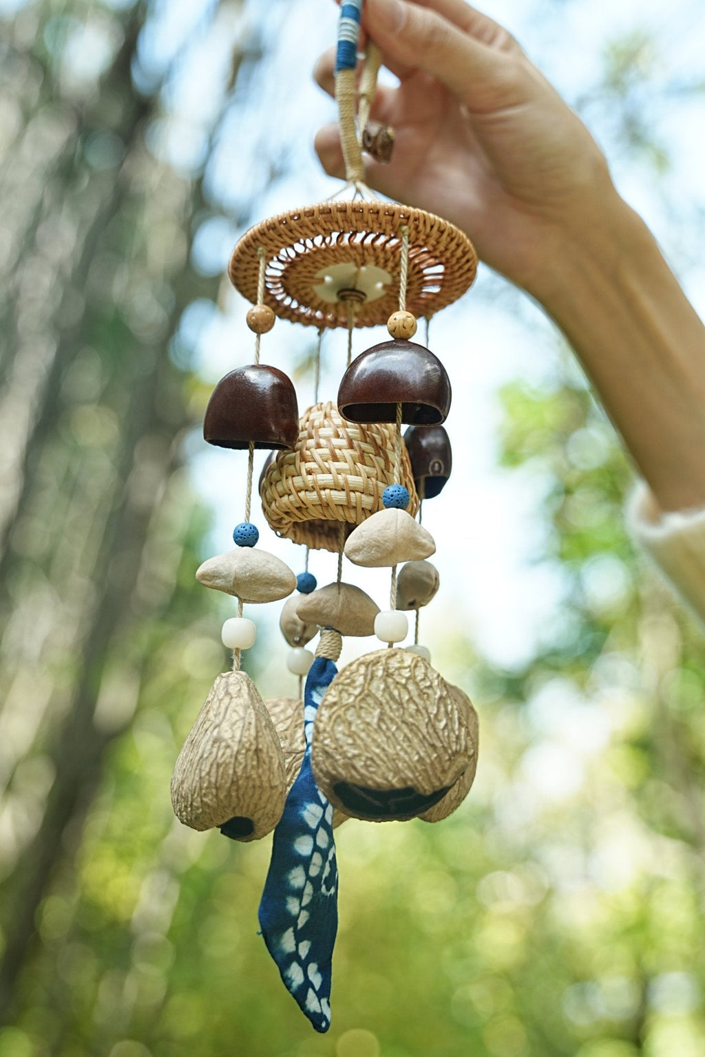 "The Indigo Harvest" - Rattan Basket & Shibori Fabric Seed Wind Chime
