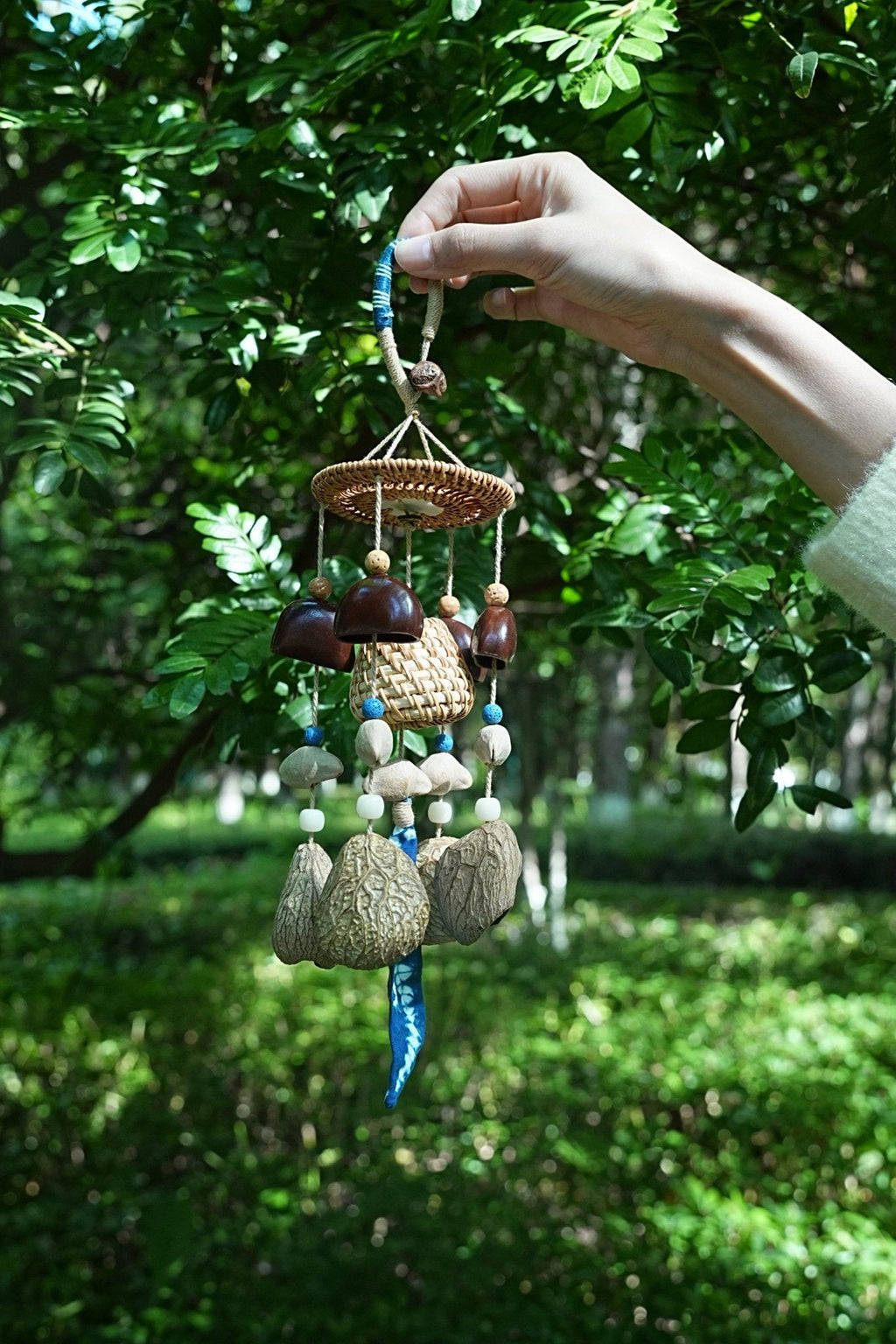 "The Indigo Harvest" - Rattan Basket & Shibori Fabric Seed Wind Chime