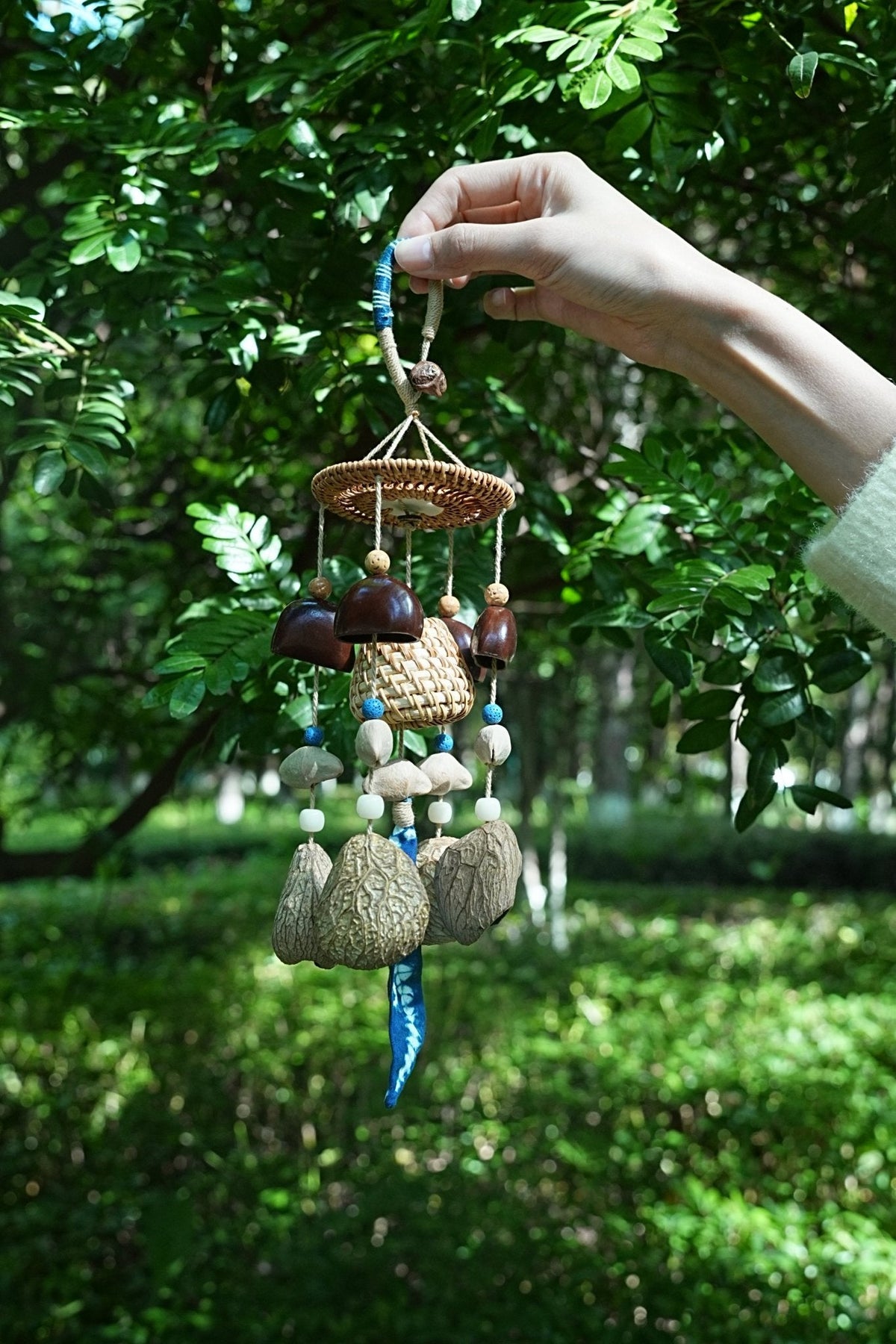 "The Indigo Harvest" - Rattan Basket & Shibori Fabric Seed Wind Chime