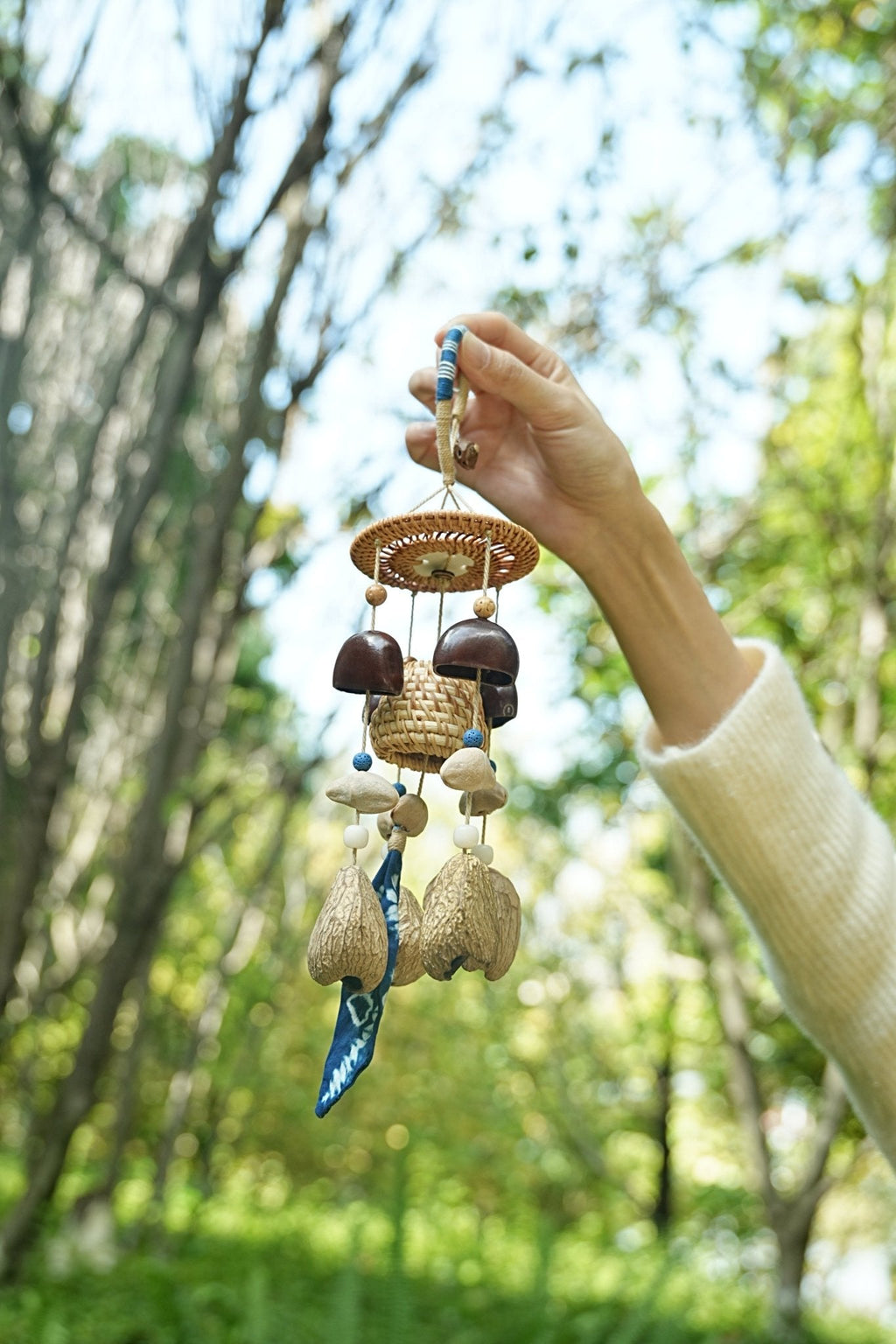 "The Indigo Harvest" - Rattan Basket & Shibori Fabric Seed Wind Chime