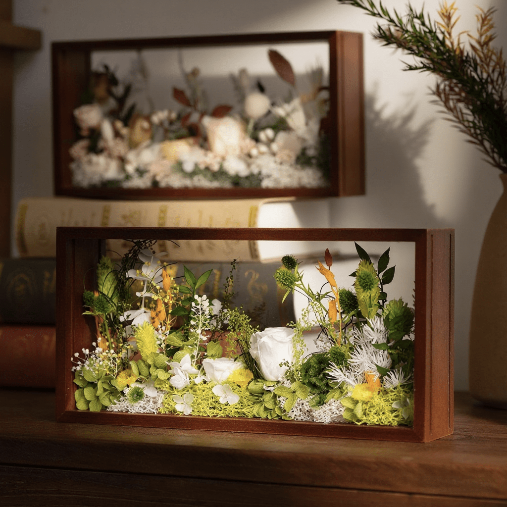 "The Landscape Garden" - Real Preserved Flower Shadow Box (Panoramic Desk Decor)