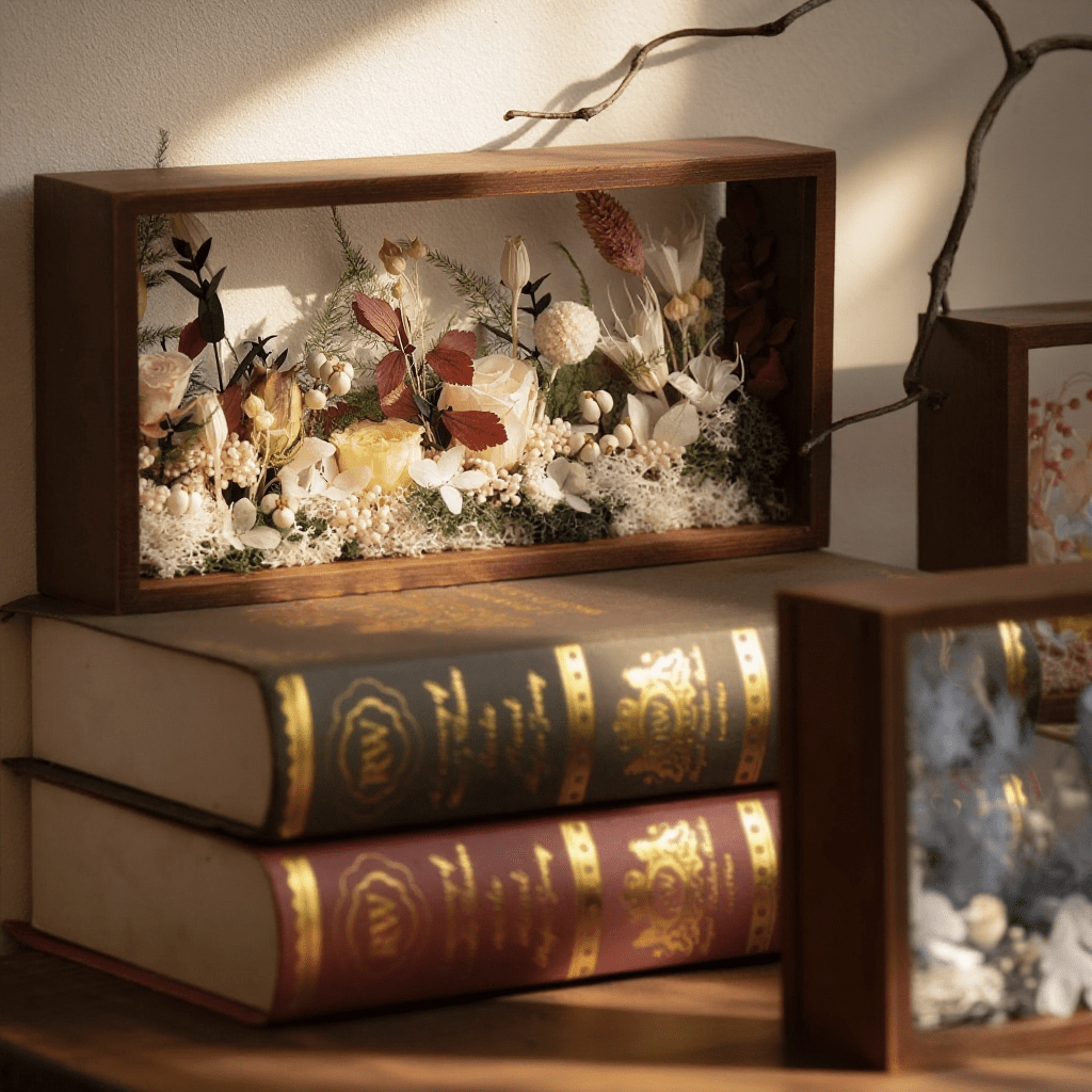 "The Landscape Garden" - Real Preserved Flower Shadow Box (Panoramic Desk Decor)
