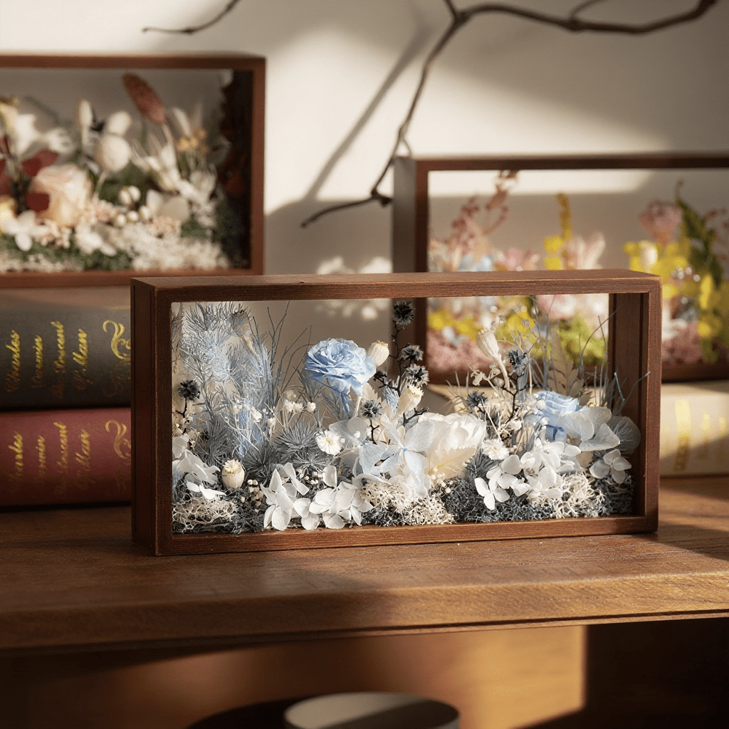 "The Landscape Garden" - Real Preserved Flower Shadow Box (Panoramic Desk Decor)
