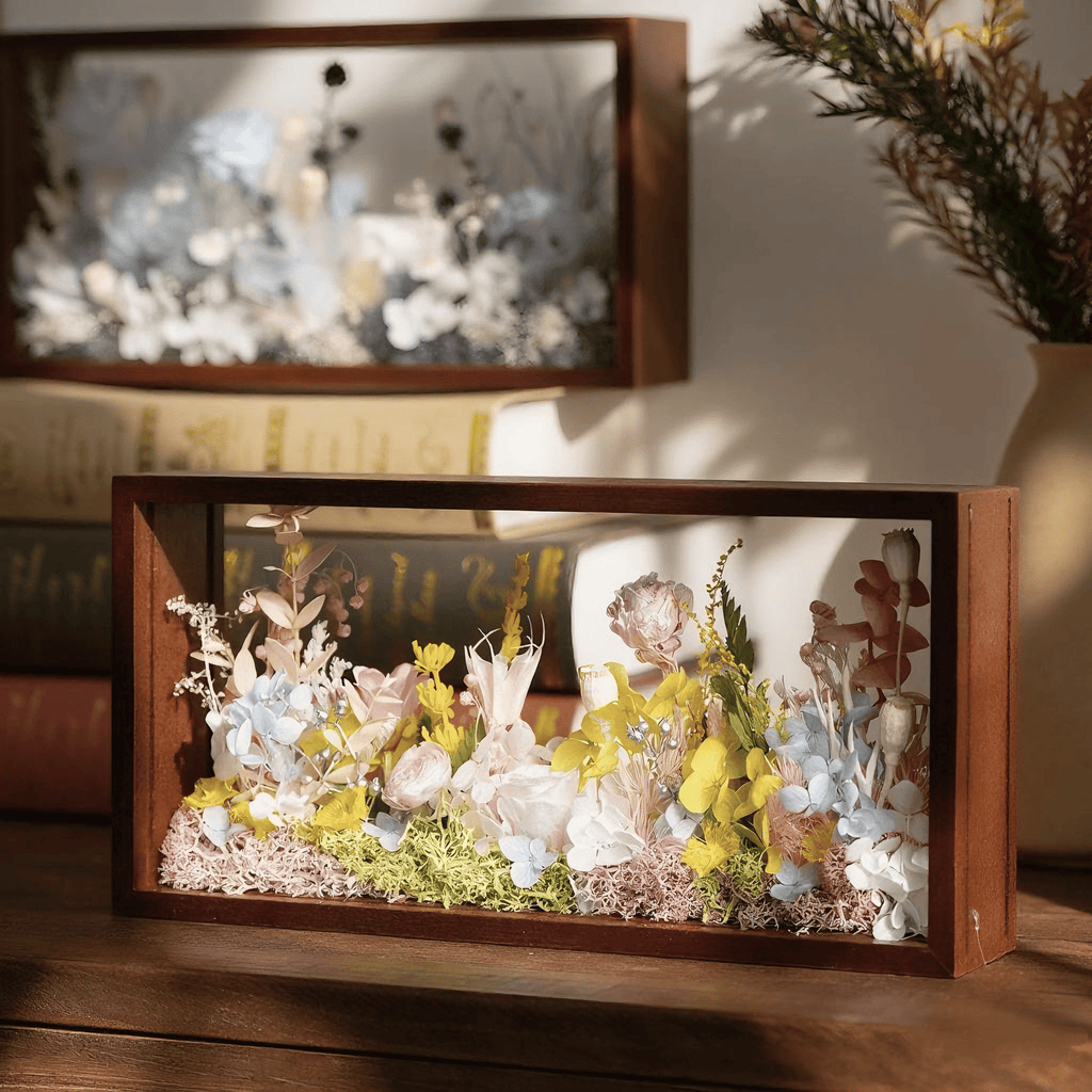 "The Landscape Garden" - Real Preserved Flower Shadow Box (Panoramic Desk Decor)