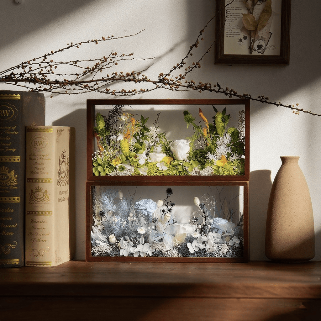 "The Landscape Garden" - Real Preserved Flower Shadow Box (Panoramic Desk Decor)