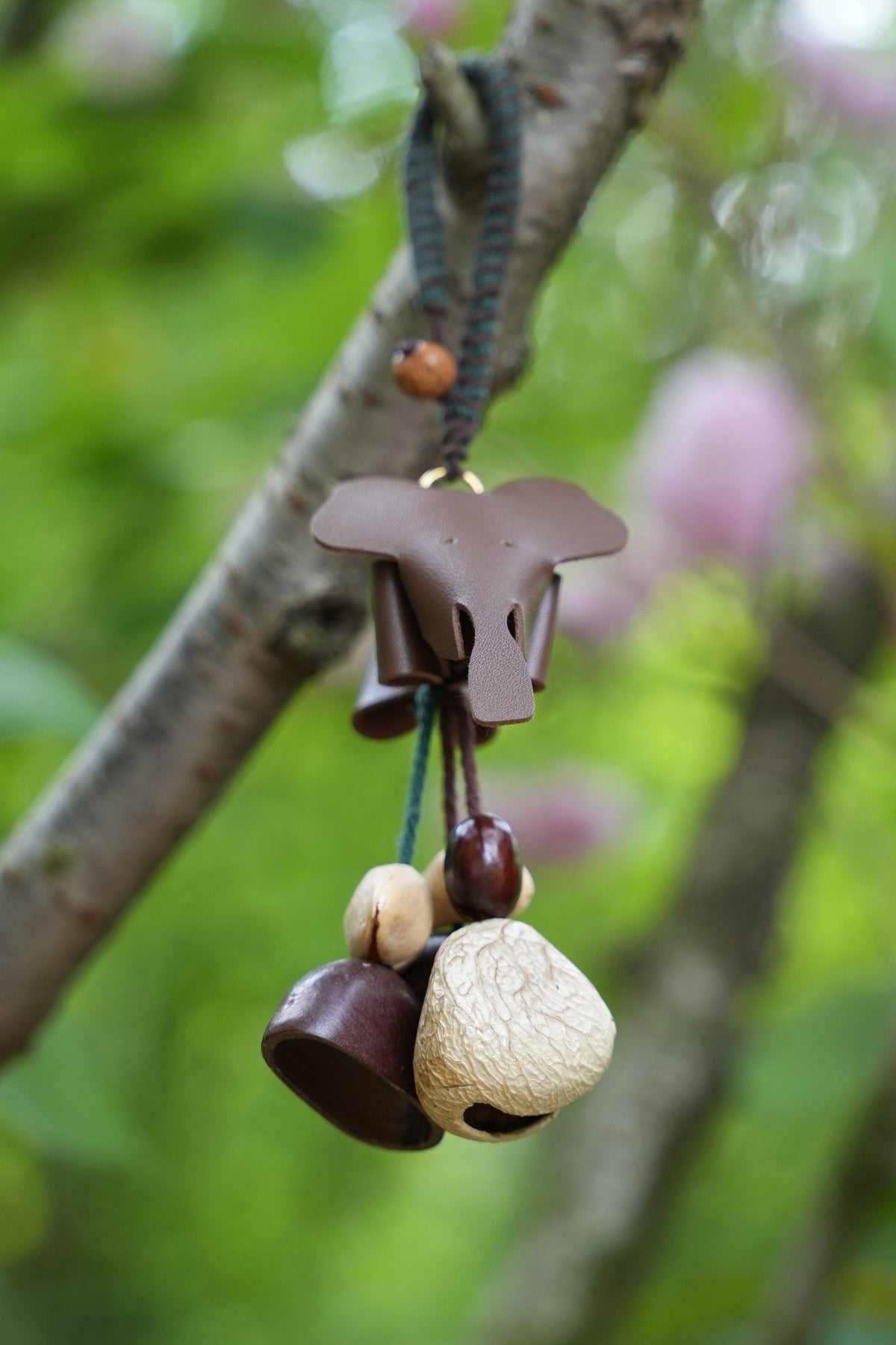 "The Leather Elephant Guardian" - Handcrafted Leather Bag Charm with Natural Seed Bells