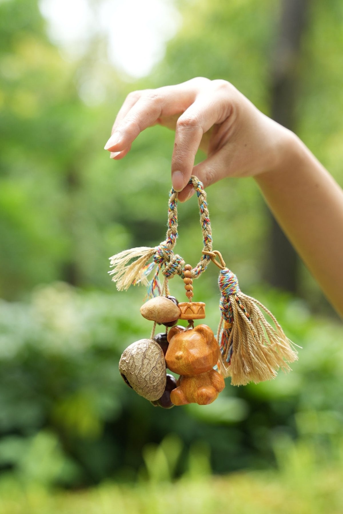 "The Little Bear Guardian" - Hand-Carved Wood Bag Charm with Natural Nut & Tassel