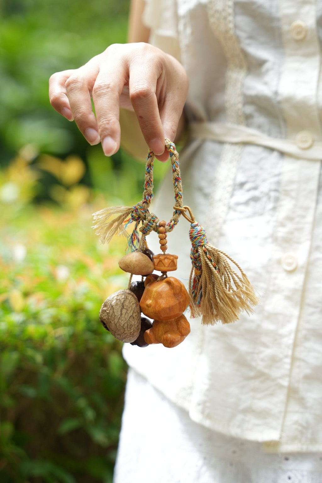 "The Little Bear Guardian" - Hand-Carved Wood Bag Charm with Natural Nut & Tassel