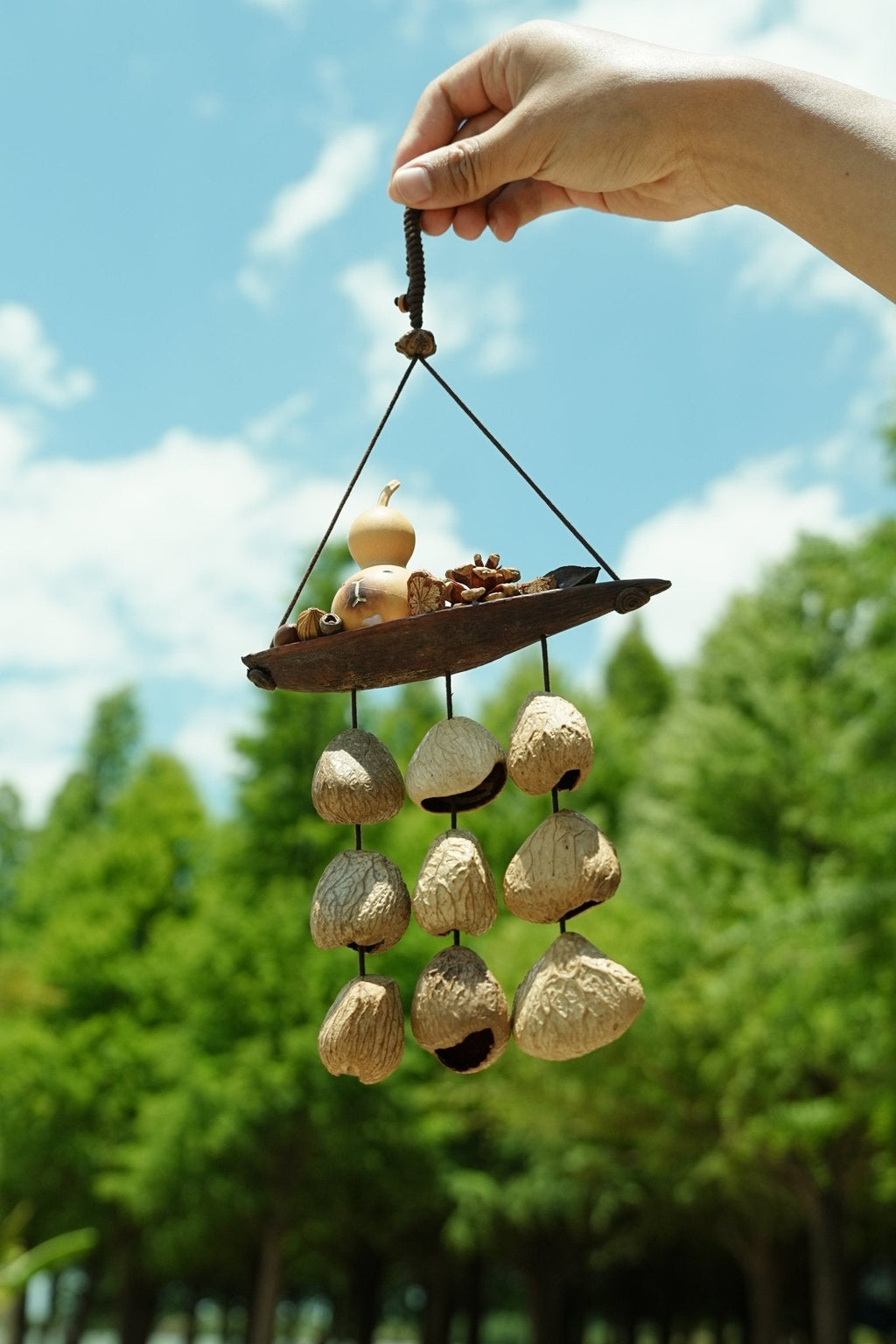 "The Lucky Gourd Ark" - Hanging Wind Chime with Painted Gourd & Seed Bells
