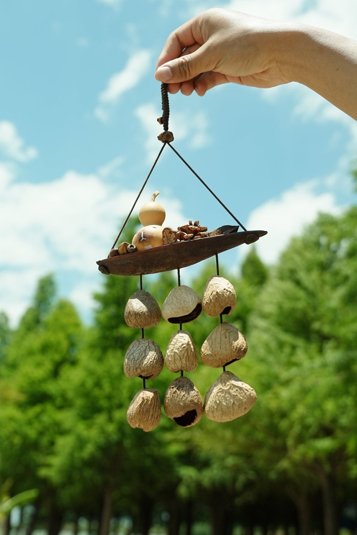 "The Lucky Gourd Ark" - Hanging Wind Chime with Painted Gourd & Seed Bells