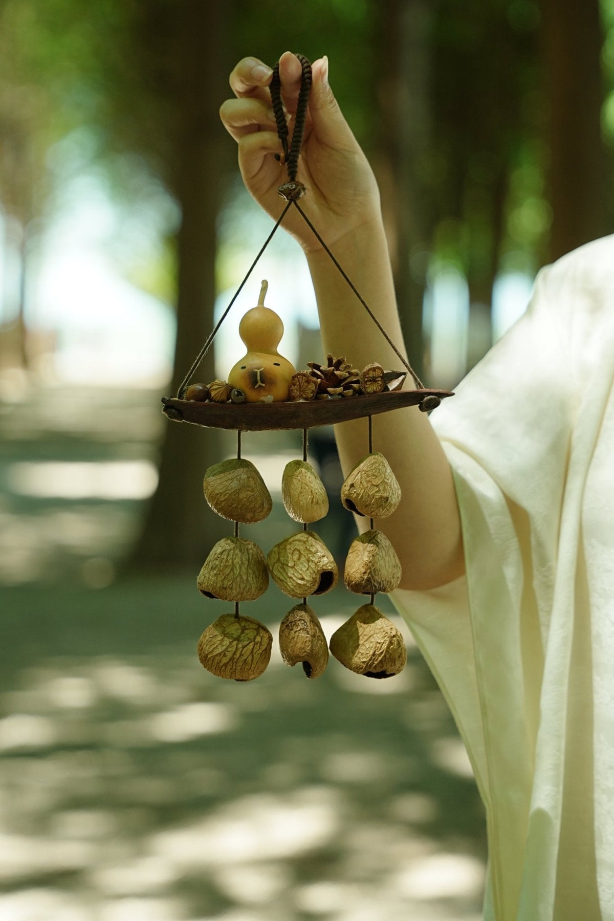 "The Lucky Gourd Ark" - Hanging Wind Chime with Painted Gourd & Seed Bells
