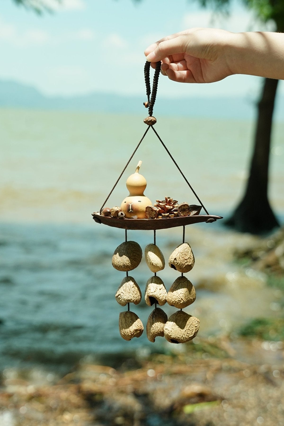 "The Lucky Gourd Ark" - Hanging Wind Chime with Painted Gourd & Seed Bells