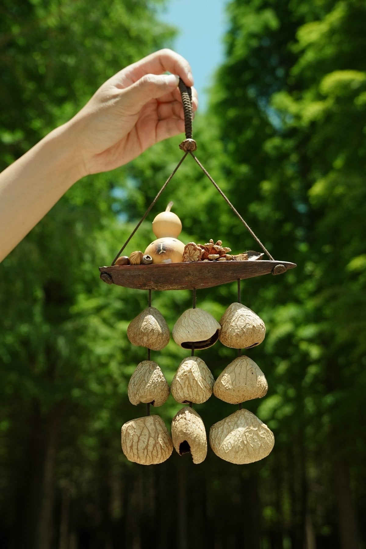 "The Lucky Gourd Ark" - Hanging Wind Chime with Painted Gourd & Seed Bells