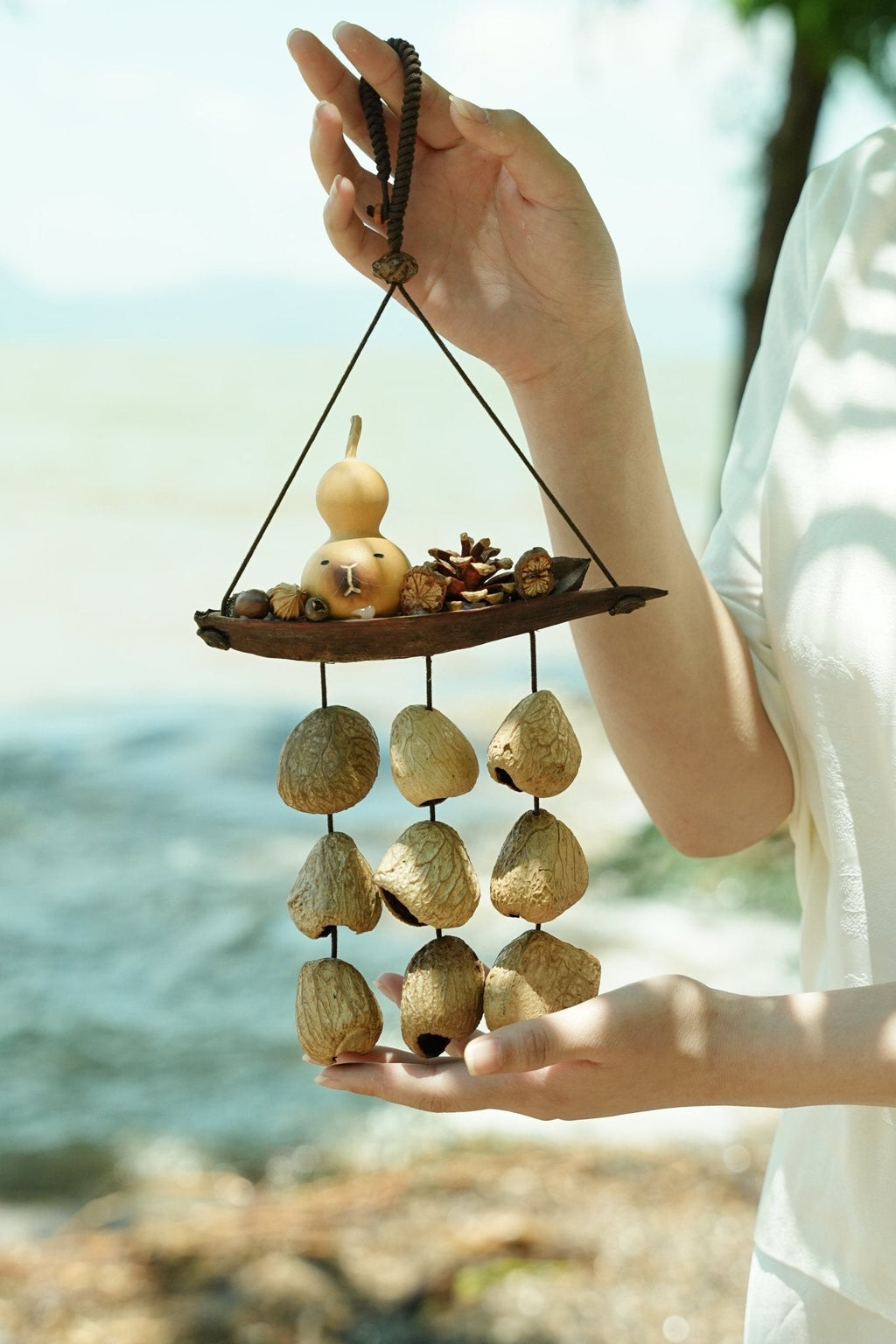 "The Lucky Gourd Ark" - Hanging Wind Chime with Painted Gourd & Seed Bells