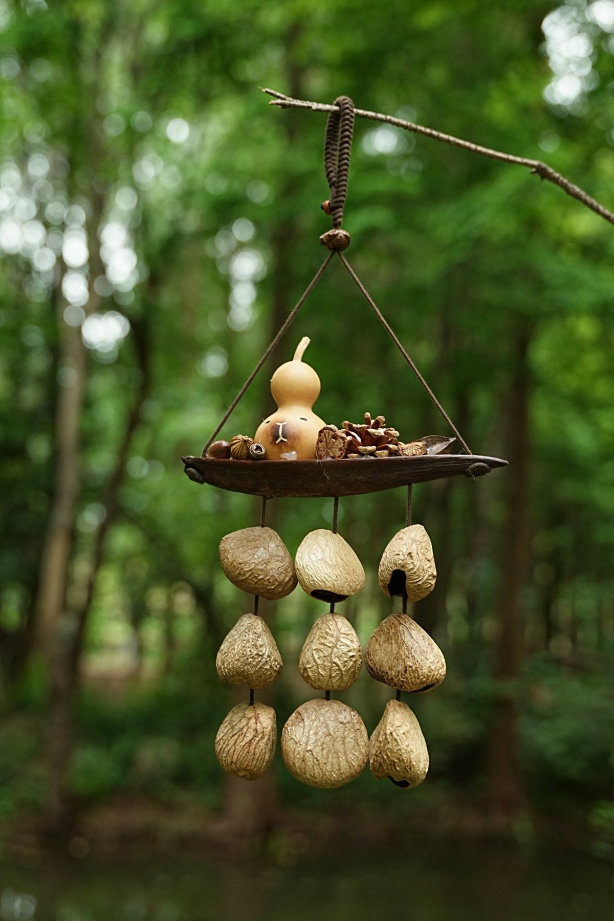 "The Lucky Gourd Ark" - Hanging Wind Chime with Painted Gourd & Seed Bells