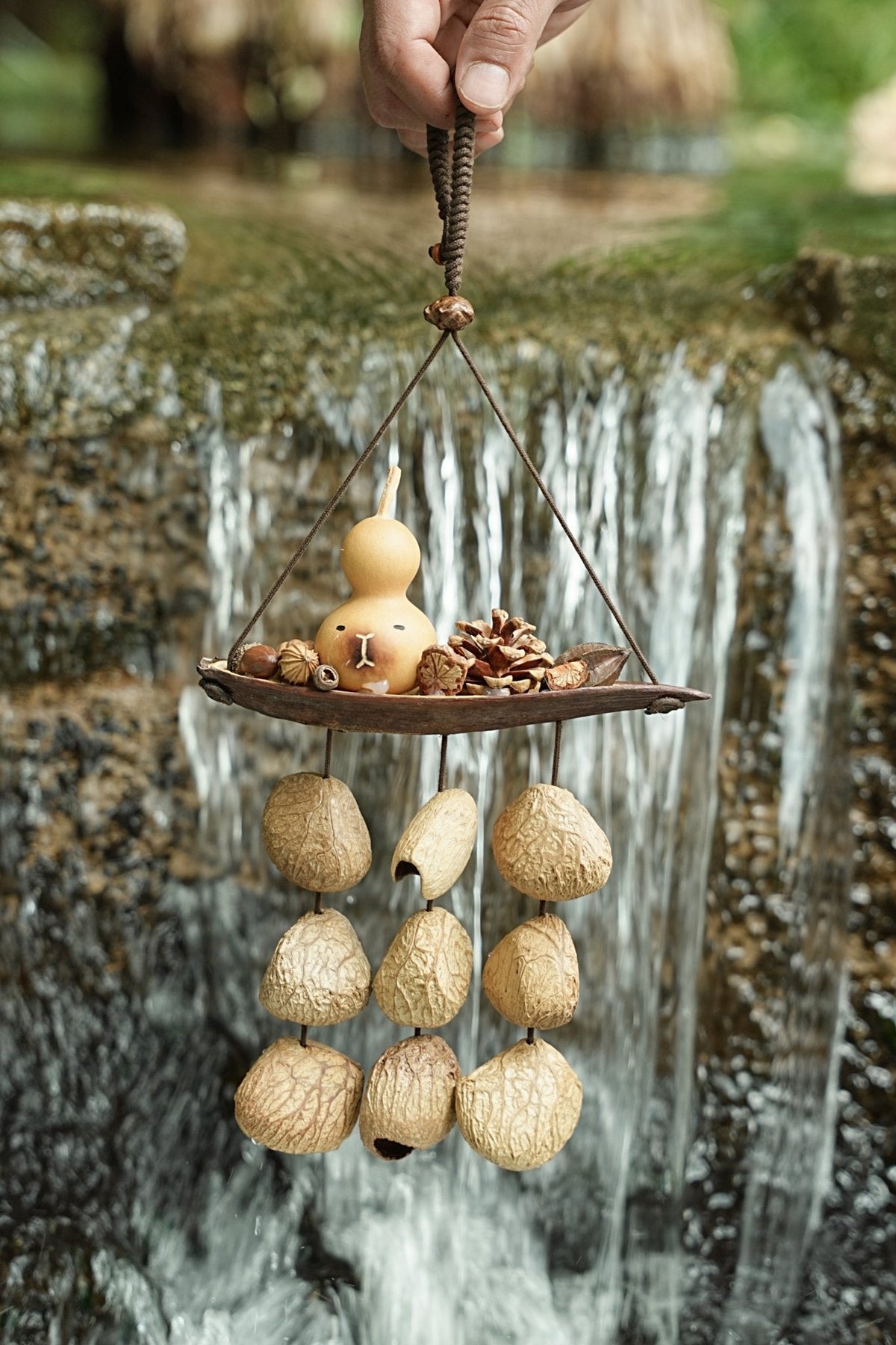 "The Lucky Gourd Ark" - Hanging Wind Chime with Painted Gourd & Seed Bells