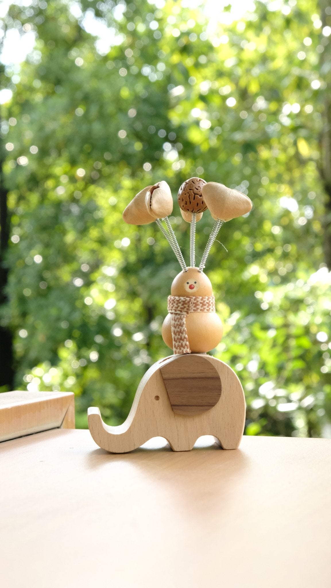 "The Lucky Gourd Rider" - Real Calabash & Wooden Elephant Car Ornament (Phone Stand)