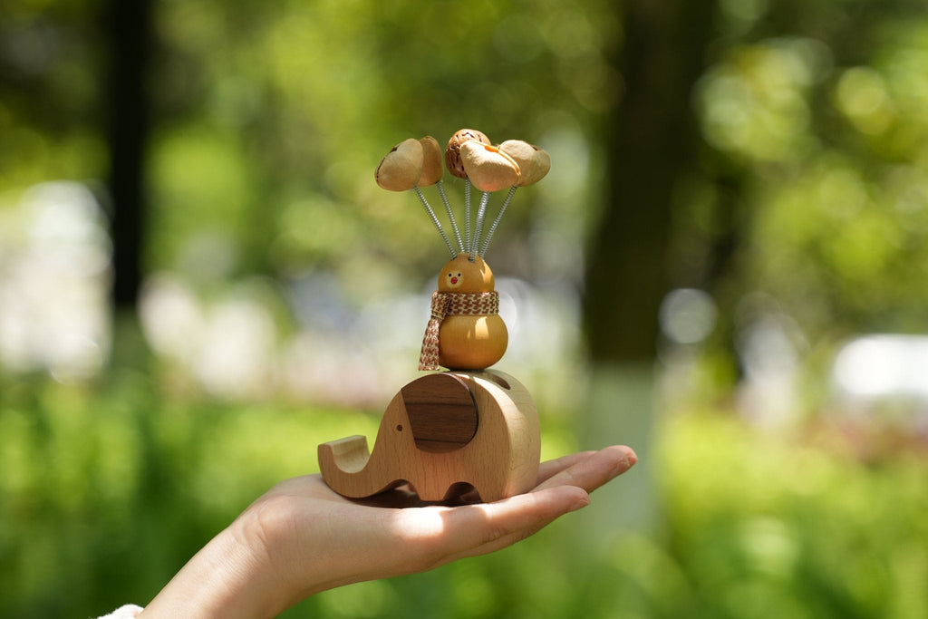 "The Lucky Gourd Rider" - Real Calabash & Wooden Elephant Car Ornament (Phone Stand)