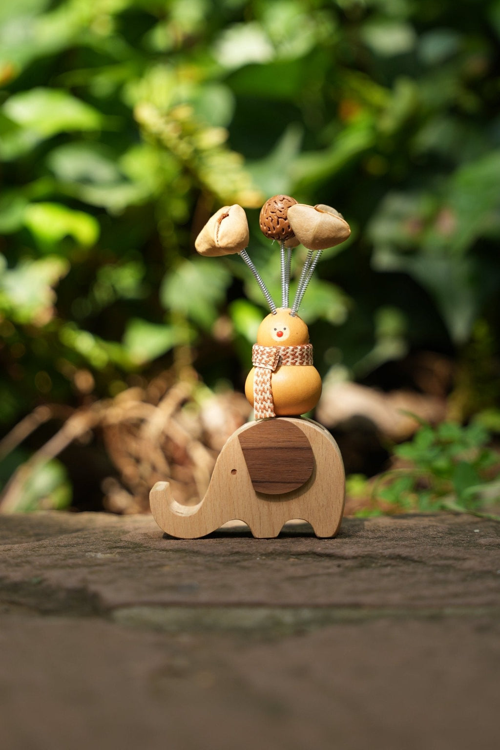 "The Lucky Gourd Rider" - Real Calabash & Wooden Elephant Car Ornament (Phone Stand)
