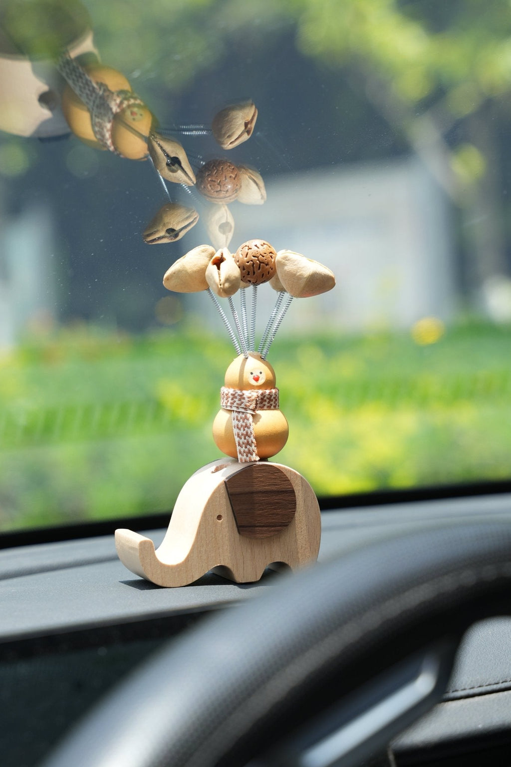 "The Lucky Gourd Rider" - Real Calabash & Wooden Elephant Car Ornament (Phone Stand)