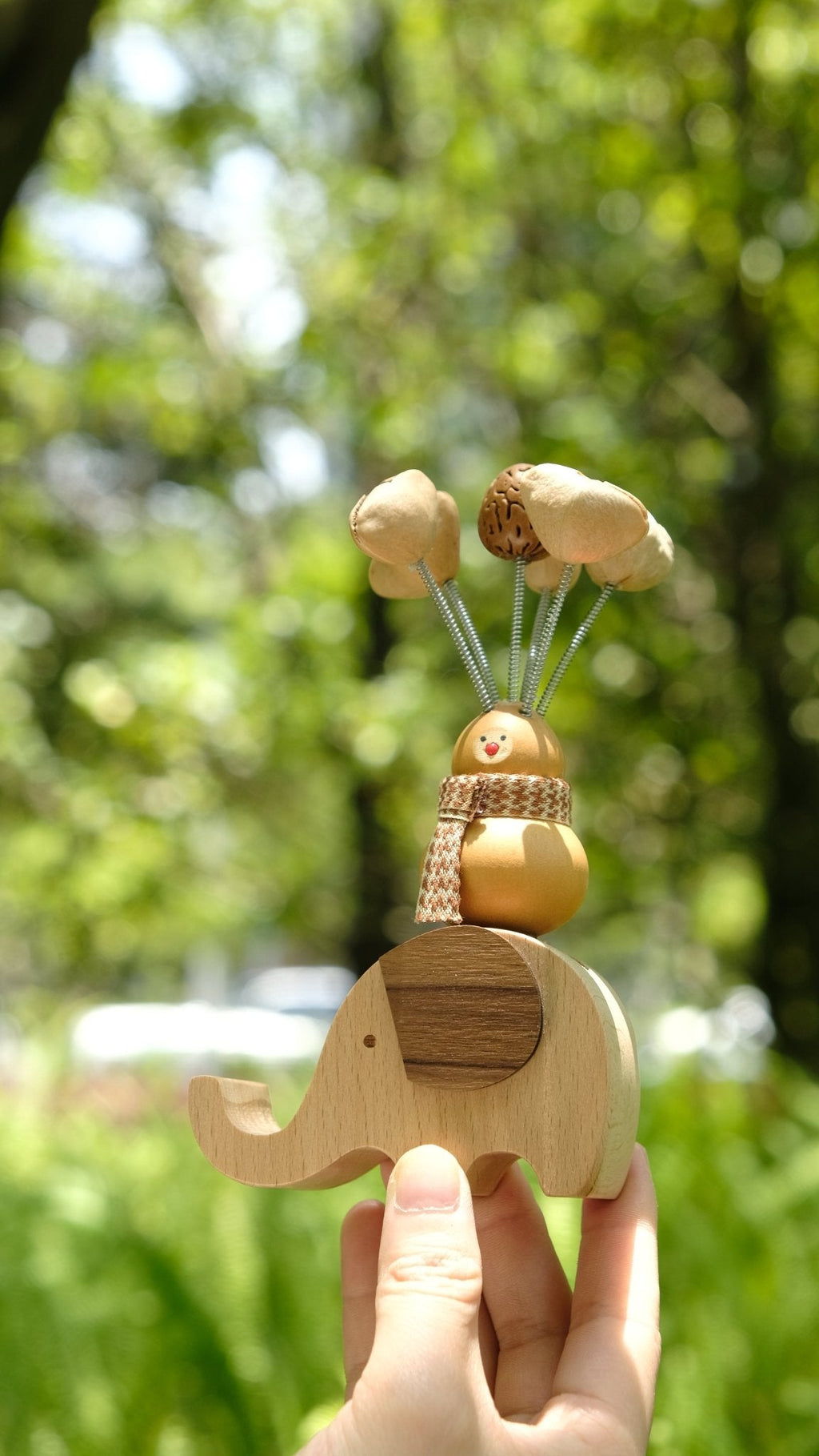 "The Lucky Gourd Rider" - Real Calabash & Wooden Elephant Car Ornament (Phone Stand)