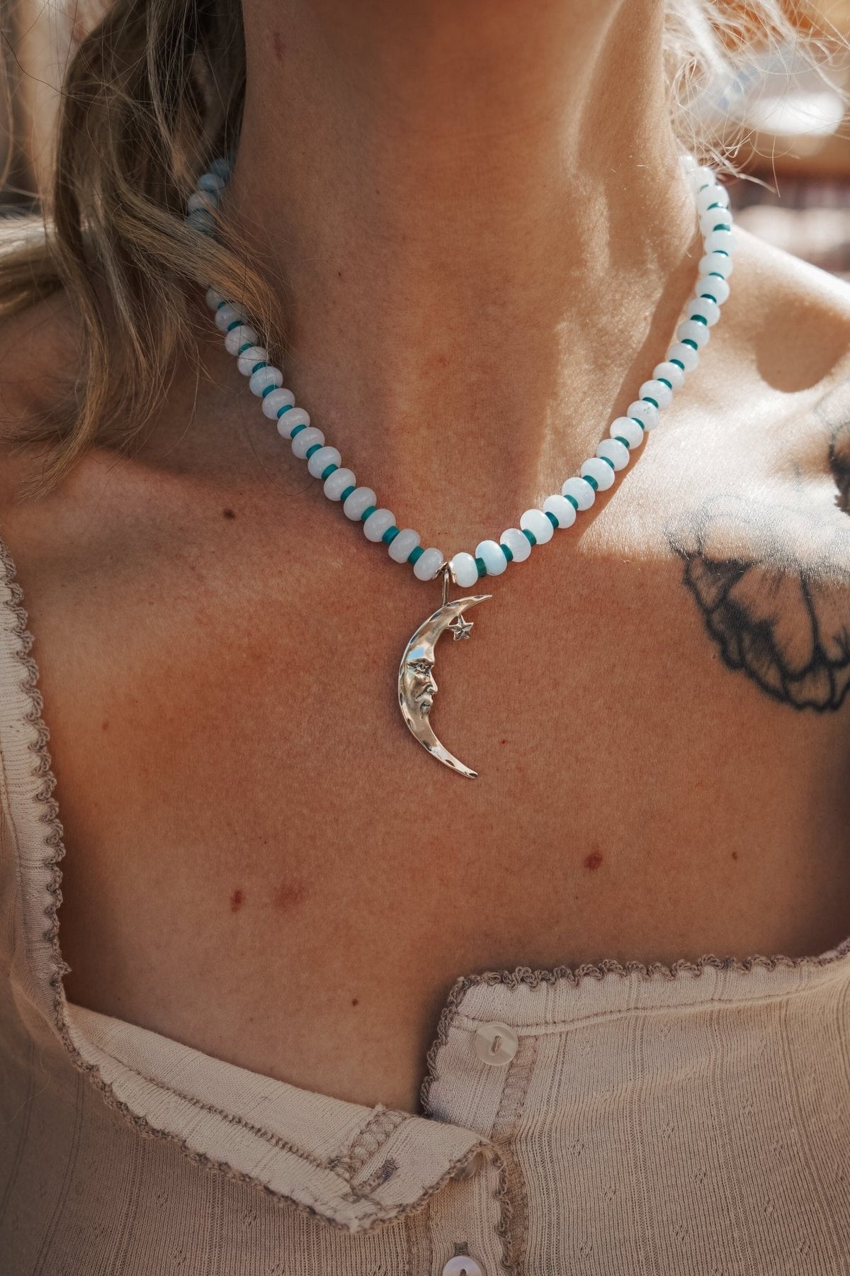 The Lunara Necklace in Aquamarine + Glass Beads
